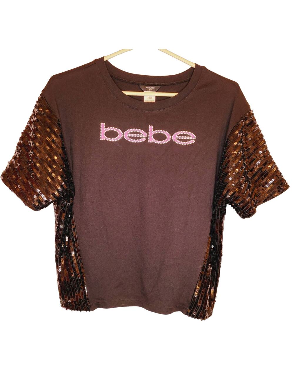 Bebe girls black sequin embellished spellout graphic short sleeved top